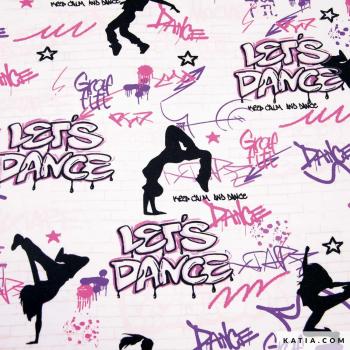Baumwolljersey mit Let´s Dance Motiven in Rosa/Lila/Schwarz auf Weiß